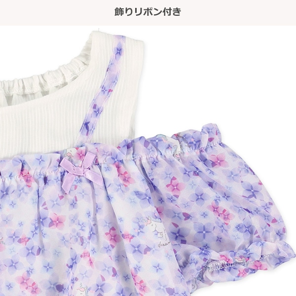 肩開き花総柄シフォンレイヤード風半袖トップス