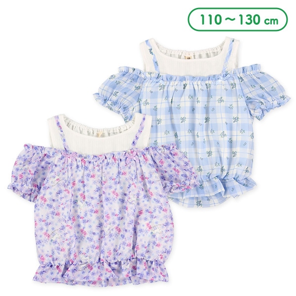 肩開き花総柄シフォンレイヤード風半袖トップス