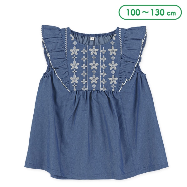 デニム胸刺繍ノースリーブブラウス