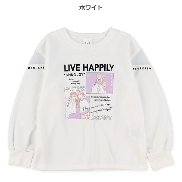 肩メッシュエモ系イラストロゴ長袖Tシャツ