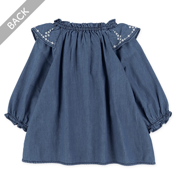 デニム刺繍フリル長袖ブラウス
