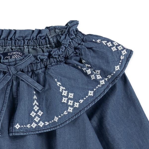 デニム刺繍フリル長袖ブラウス