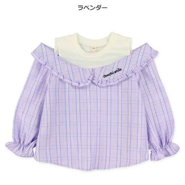 肩開きチェックレイヤード風長袖ブラウス
