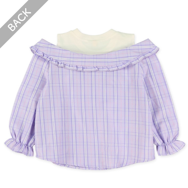 肩開きチェックレイヤード風長袖ブラウス