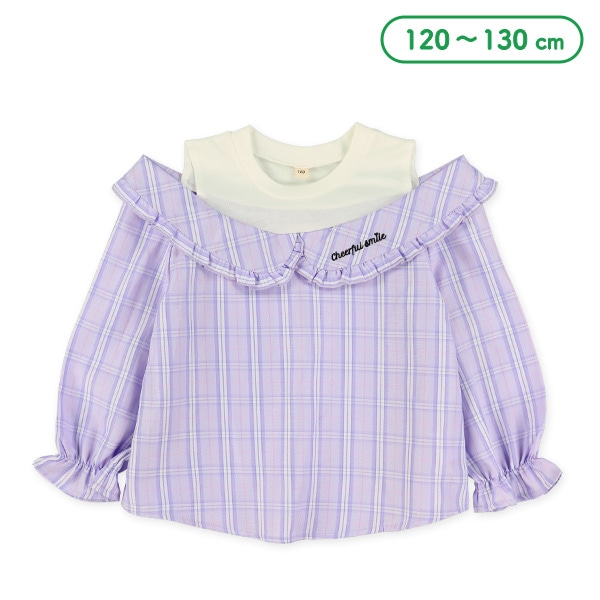 肩開きチェックレイヤード風長袖ブラウス