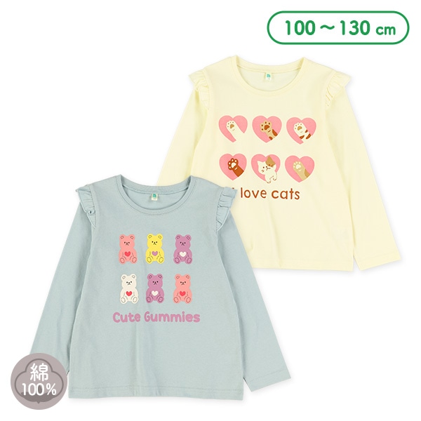 肩フリルねこ・くま長袖Tシャツ