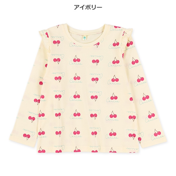 肩フリルチェリー柄長袖Tシャツ