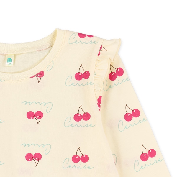 肩フリルチェリー柄長袖Tシャツ