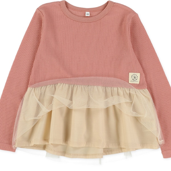 ワッフル裾チュール長袖Tシャツ