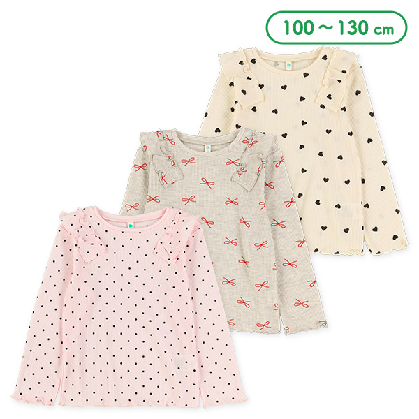 ワッフル肩フリル長袖Tシャツ