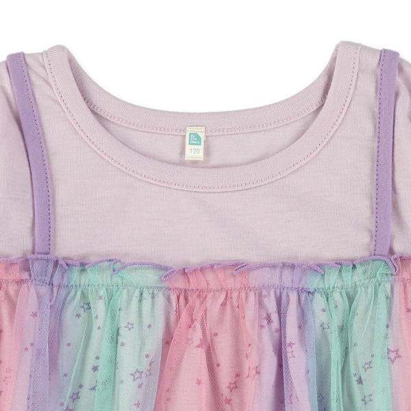 チュール付き星柄レイヤード風長袖Tシャツ