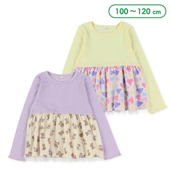 テレコ切り替えチュール付きハート・くま長袖Tシャツ