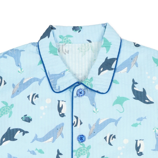 袖ロールアップ前開き長袖パジャマ（海の生き物総柄）