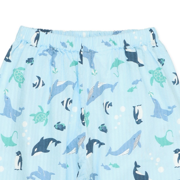 袖ロールアップ前開き長袖パジャマ（海の生き物総柄）