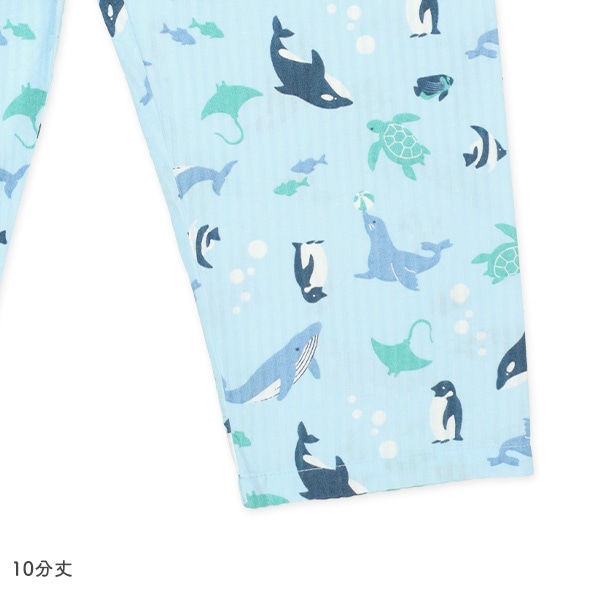 袖ロールアップ前開き長袖パジャマ（海の生き物総柄）