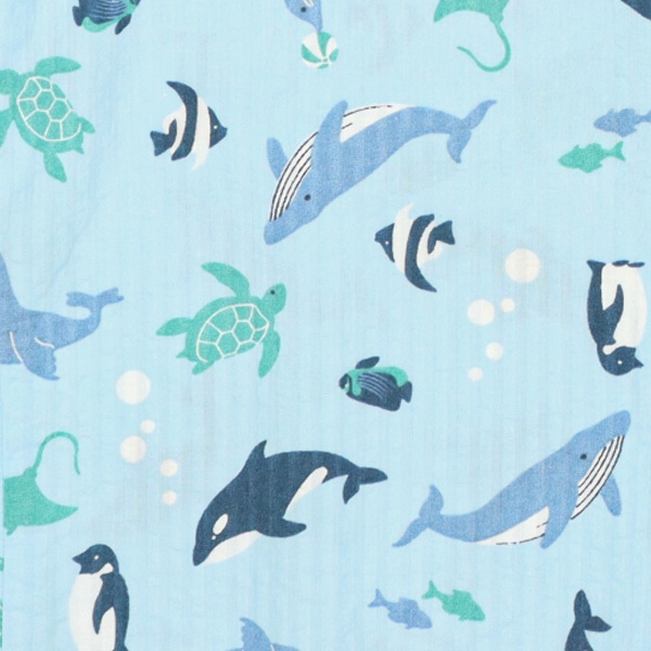 袖ロールアップ前開き長袖パジャマ（海の生き物総柄）