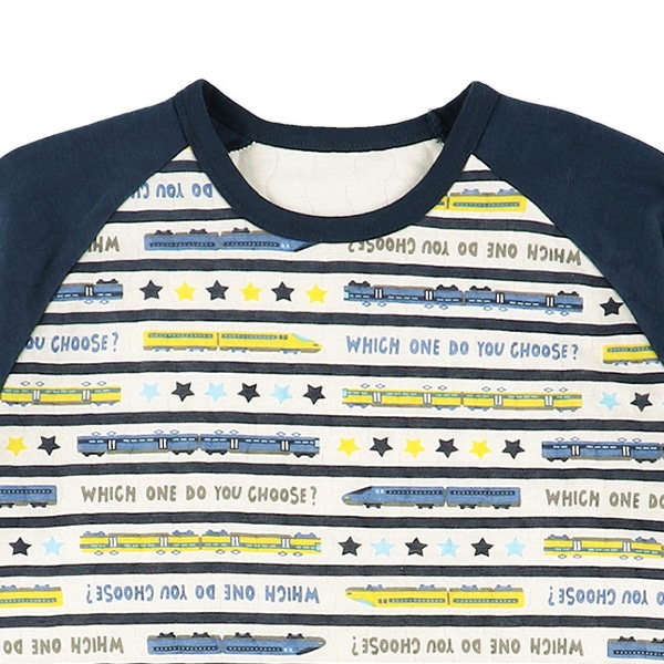 ソフトキルト腹巻付きラグラン長袖パジャマ（電車ボーダー）