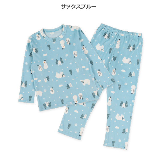 ストレッチマイクロフリース長袖パジャマ（雪だるま総柄）