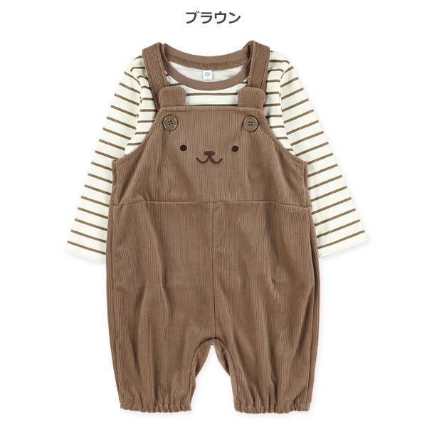 ニットコール8分丈くまサロペットパンツ＆長袖Tシャツセット