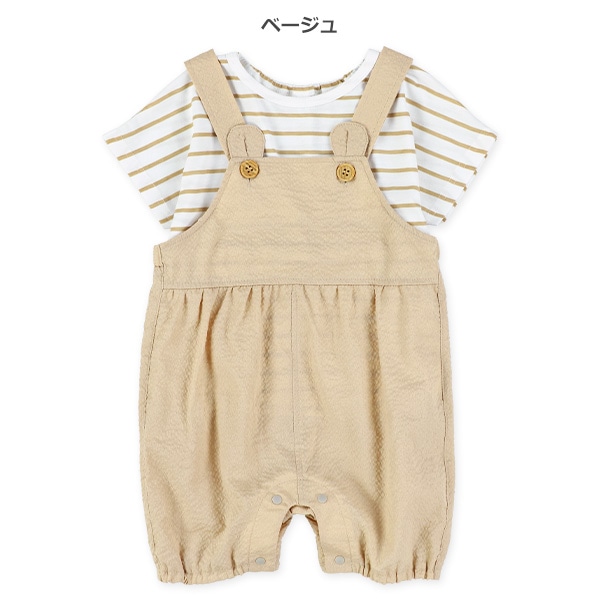 ボーダー半袖Ｔシャツ＆サッカーくま耳サロペットセット