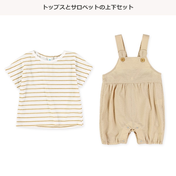 ボーダー半袖Ｔシャツ＆サッカーくま耳サロペットセット