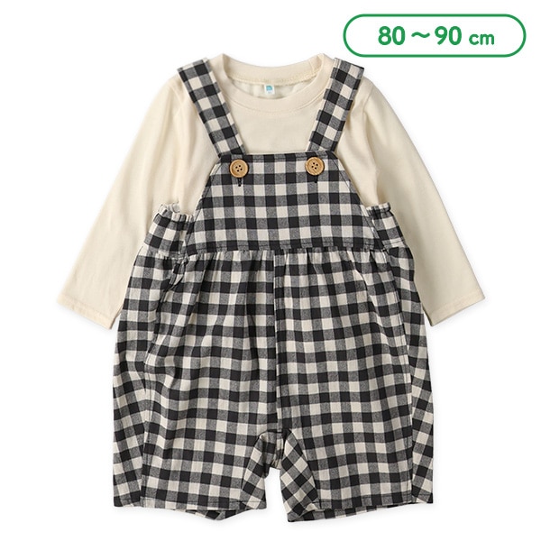 8分丈ギンガム楊柳サロペットパンツ＆長袖Ｔシャツセット