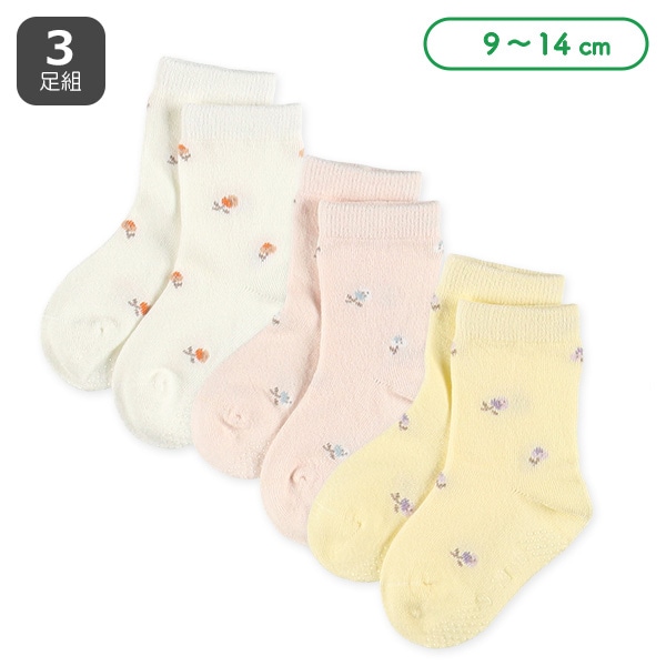 3足組ベビークルーソックス（ナチュラル花）