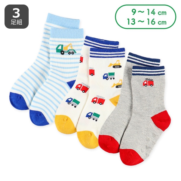 3足組ベビークルーソックス（くるま総柄）
