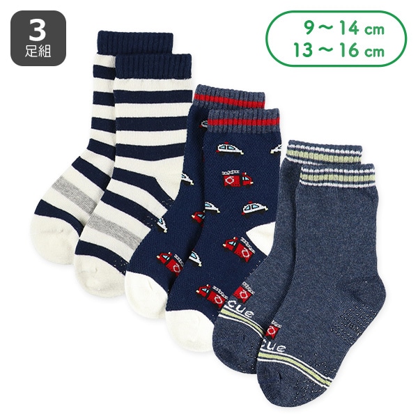 3足組ベビークルーソックス（くるま・ボーダー）