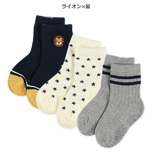 3足組ベビークルーソックス（刺繍アニマル）