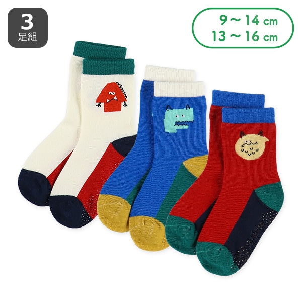 3足組ベビークルーソックス（カラフルモンスター）