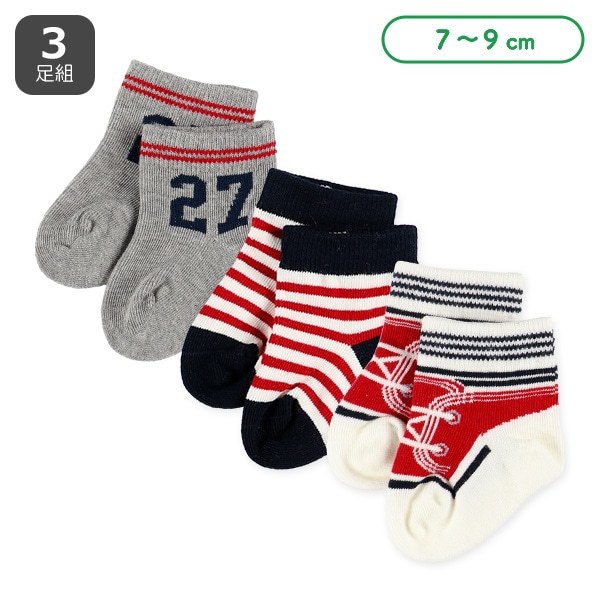 3足組新生児クルーソックス（シューズボーダー）