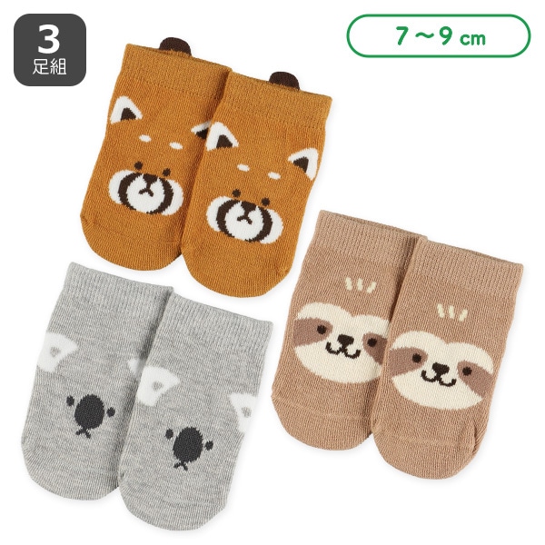 3足組新生児クルーソックス（レッサーパンダ・コアラ・ナマケモノ）
