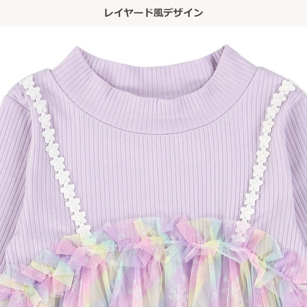 星・雪柄プリントチュール長袖ワンピース