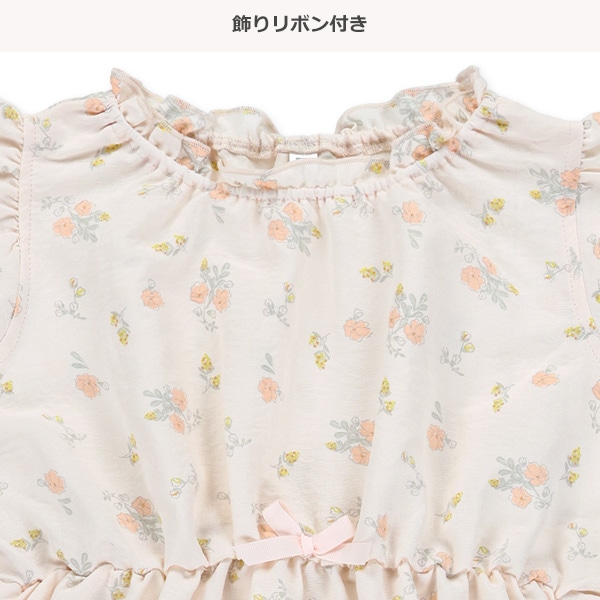 線画フラワーネックギャザーノースリーブワンピース