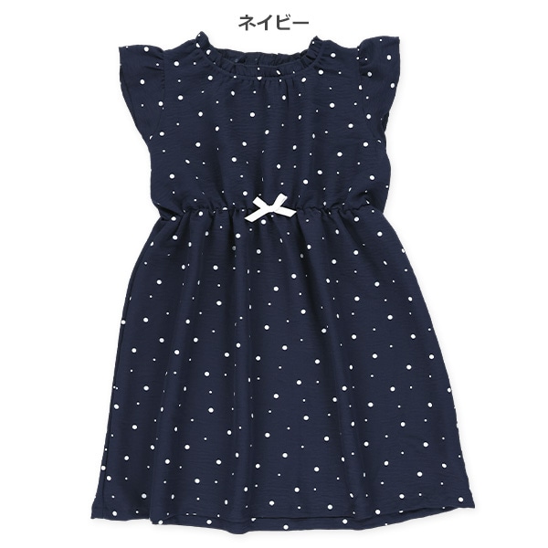 ドット柄布帛ネックギャザーノースリーブワンピース