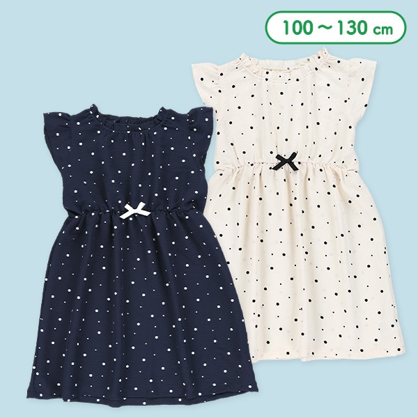 ドット柄布帛ネックギャザーノースリーブワンピース