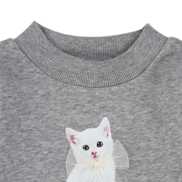 裏起毛ねこ転写チュール切り替え長袖ワンピース