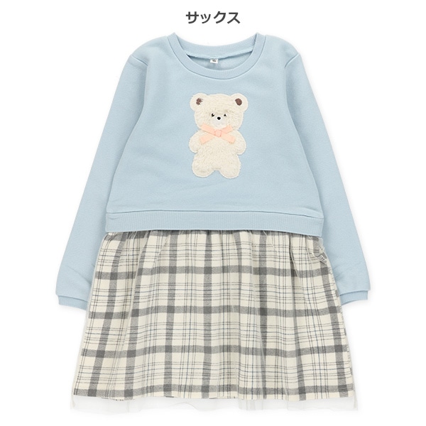 裏起毛くまアップリケ切り替え長袖ワンピース