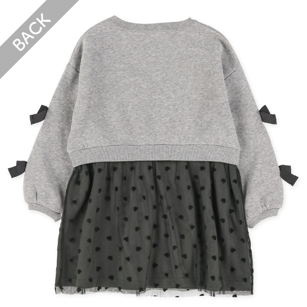 裏起毛袖リボンハート柄チュール付きドッキング長袖ワンピース