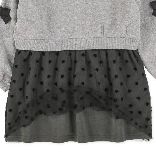 裏起毛袖リボンハート柄チュール付きドッキング長袖ワンピース