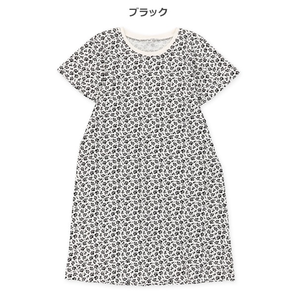 モノトーン花総柄半袖ワンピース