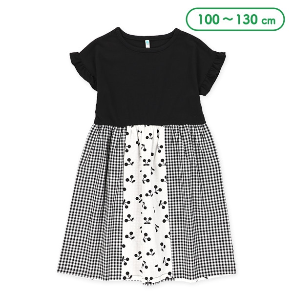 チェックスカート切り替えフレンチワンピース