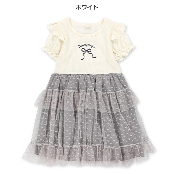 リボン刺繍ハートチュール半袖ワンピース