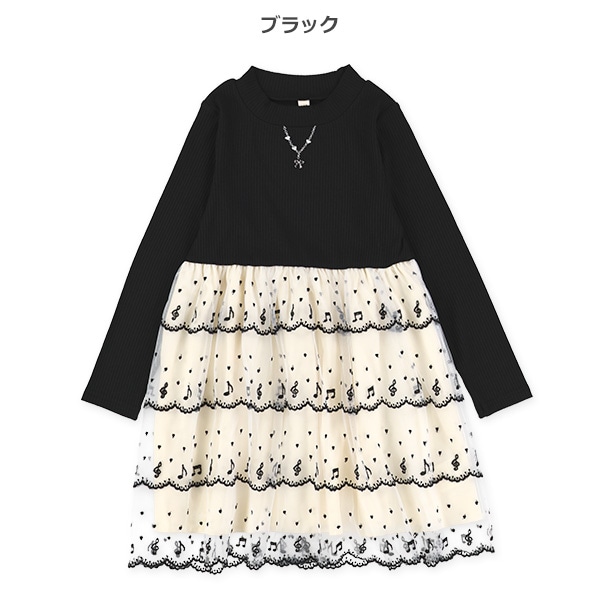 音符刺繍長袖ワンピース