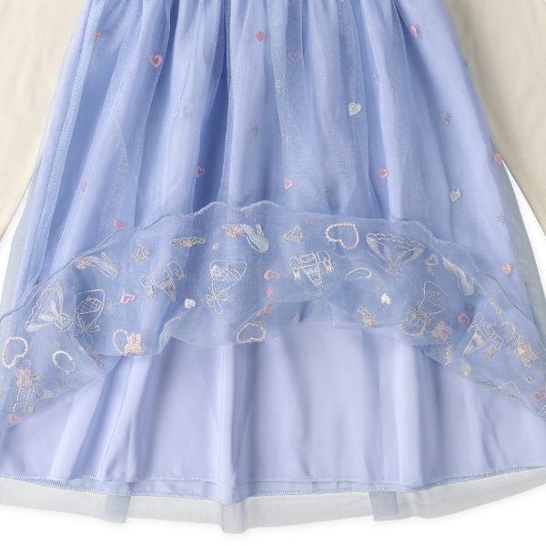 刺繍チュールドッキング長袖ワンピース