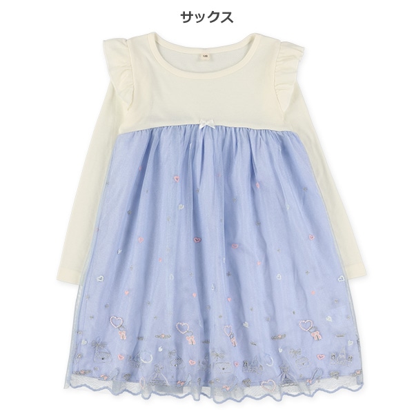 刺繍チュールドッキング長袖ワンピース