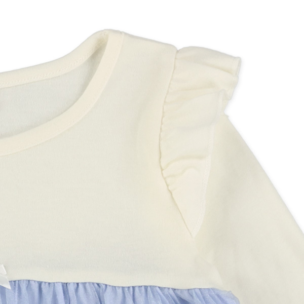 刺繍チュールドッキング長袖ワンピース