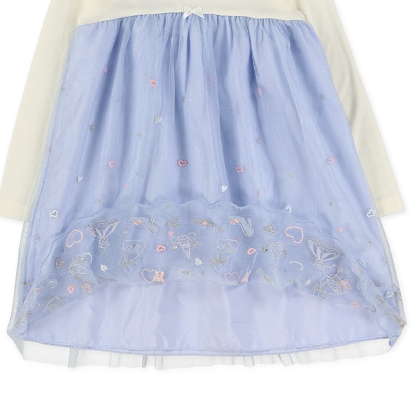 刺繍チュールドッキング長袖ワンピース