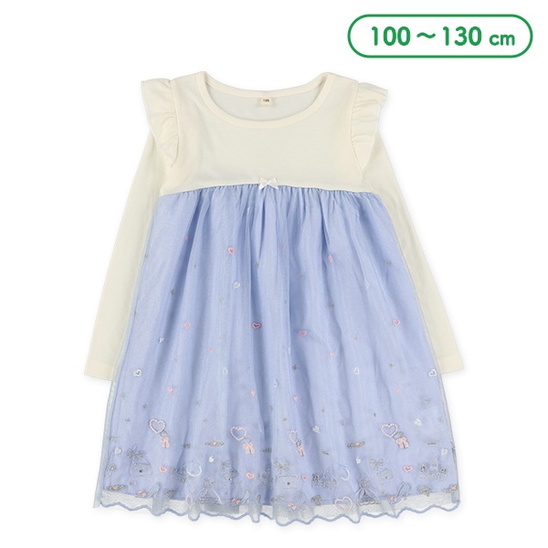 刺繍チュールドッキング長袖ワンピース